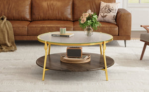 English Elm Modern 47.2" Rectangular Coffee Table with Sleek Black Top, Gold Metal Base and Four Drawers for Stylish Storage and Durable Contemporary Living Room Furniture Gold+Glass,Walnut N735P350390D