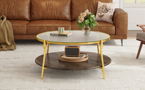 English Elm Modern 47.2" Rectangular Coffee Table with Sleek Black Top, Gold Metal Base and Four Drawers for Stylish Storage and Durable Contemporary Living Room Furniture Gold+Glass,Walnut N735P350390D