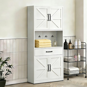 English Elm 71 Inch Steel Kitchen Pantry Cabinet with Adjustable Shelves Drawer and Hooks Modern White T2398P413028