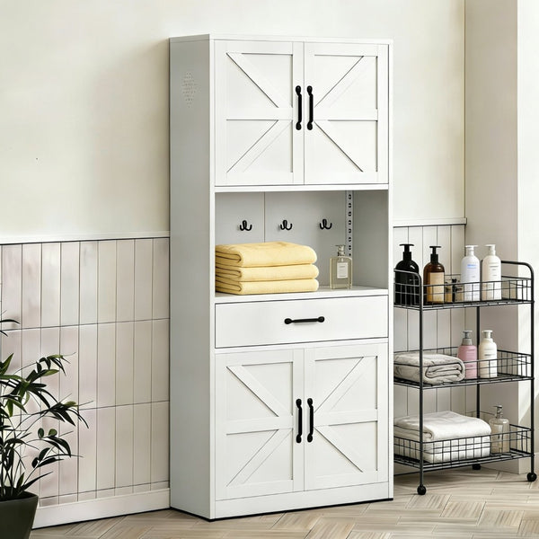 English Elm 71 Inch Steel Kitchen Pantry Cabinet with Adjustable Shelves Drawer and Hooks Modern White T2398P413028