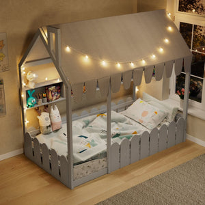 English Elm {slats Are Not Included} Twin Montessori House Floor Bed Kids Tent Lights Shelves Pinewood Frame Gray N708P407962E