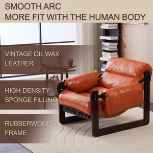English Elm Medieval premium lounge chair with oil-waxed leather, removable cushion, mortise & tenon frame stability Retro Orange W2989P328541