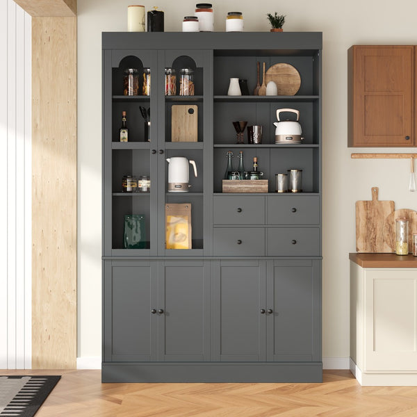 English Elm Topmax Shaker Buffet Hutch with Glass Doors Drawers and Pull-out Trays Gray SP000092AAE