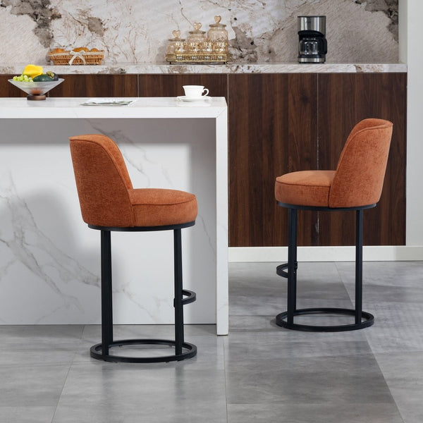 English Elm Counter Height Barstools Set of 2 Linen Upholstered Barrel Seat with Iron Legs Orange W395P410432