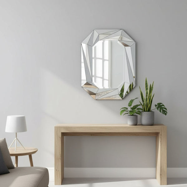 English Elm Diamond Frameless Beveled Wall Mirror Sculptural Silver Glass Accent for Any Room W3836P409964