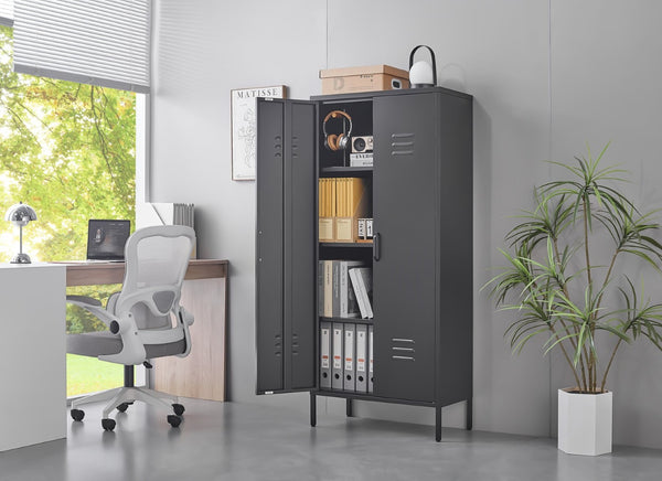 English Elm Metal Locker Cabinet Ventilated Steel Build Adjustable Shelves Industrial Home Organizer Black T3625P391460