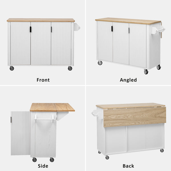 English Elm K&K 51" Fluted Kitchen Island with Waveform Panels, Drop Leaf, Rolling Cart with Towel Rack and Storage White N707P221446W