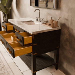 English Elm Black Oak Single Bath Vanity Set With Carrara Marble Top & Coordinating 46" Mirror For Elegance B2731S02134