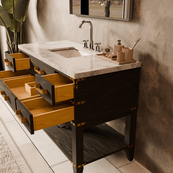 English Elm Black Oak Single Bath Vanity Set With Carrara Marble Top & Coordinating 46" Mirror For Elegance B2731S02134