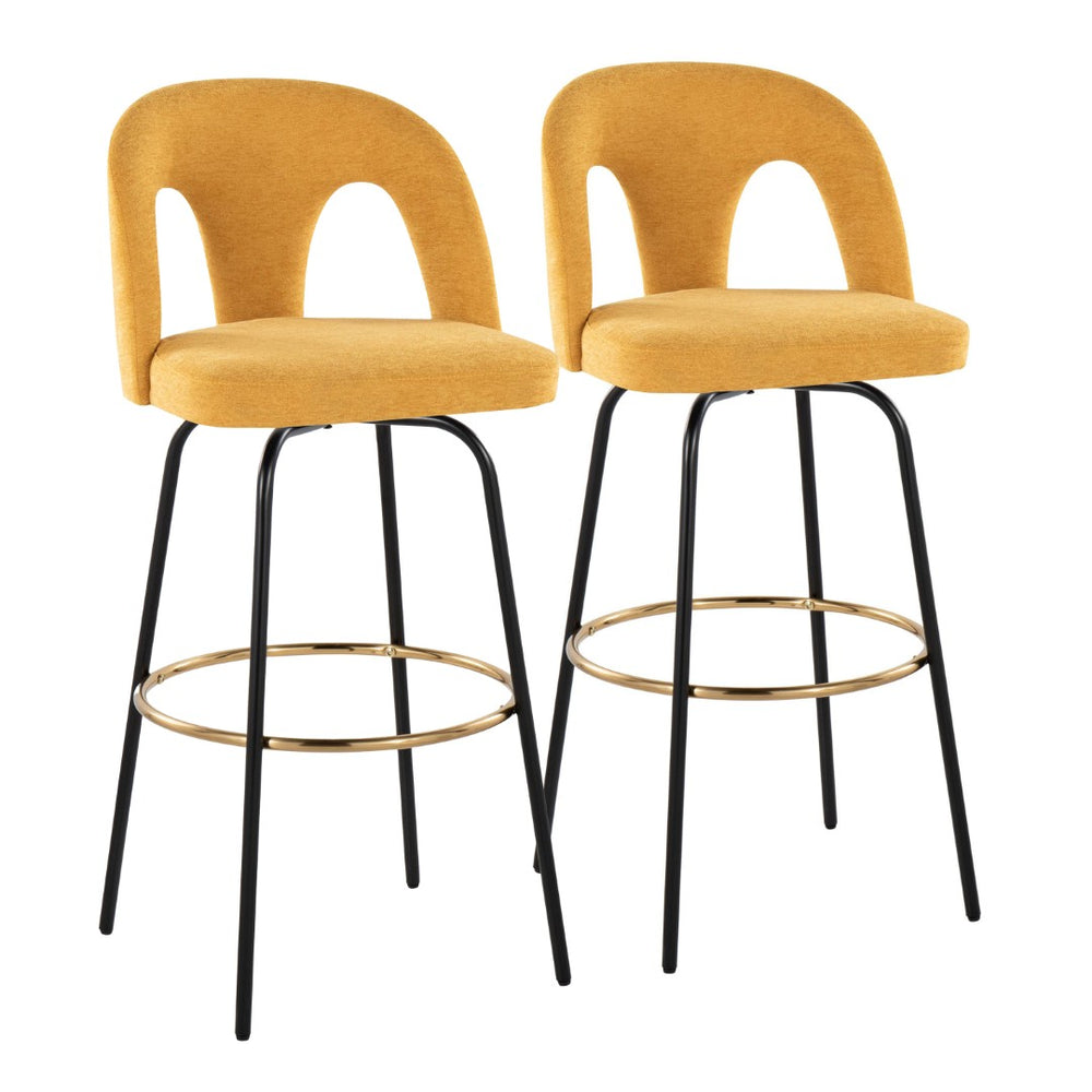 English Elm Fixed-height Swivel Barstools with Gold Footrest Black Frame White Upholstery Set B202S01874