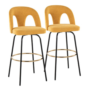 English Elm Fixed-height Swivel Barstools with Gold Footrest Black Frame White Upholstery Set B202S01874