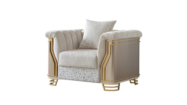 English Elm Chateau Three Piece Living Room Sofa Set Cream Upholstery Gold Steel Legs Glam B009S02179