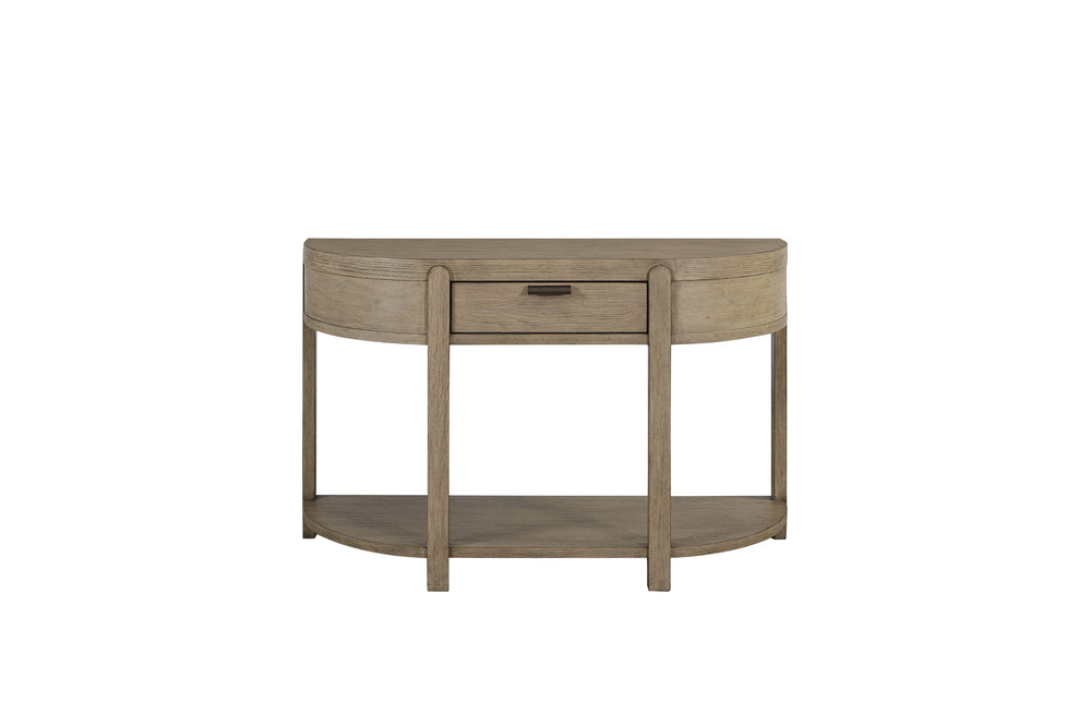 English Elm Curved 1-Drawer Console Table in Toffee Taupe Natural Finish — Elegant Curved Silhouette, Soft‑Close Drawer, Open Shelf B2699P323082