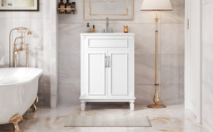 English Elm 24'' Bathroom Vanity with Sink - Solid Wood Frame, Glossy Ceramic Basin, Soft-Close Doors & Ample Storage Elegant Modern Design, Durable MDF Construction, Retro Metal Handles, Compact 24-inch Cabinet White N710P317675K