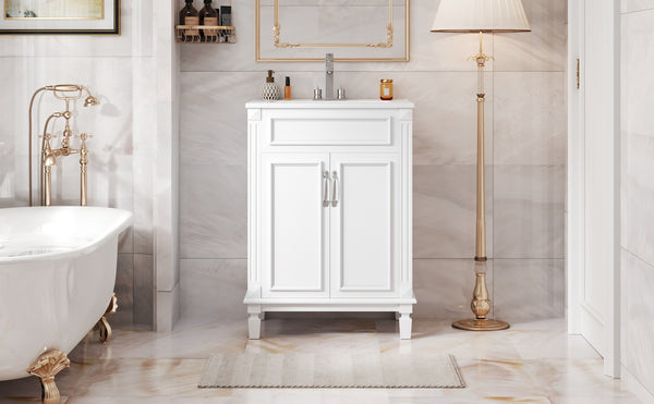 English Elm 24'' Bathroom Vanity with Sink - Solid Wood Frame, Glossy Ceramic Basin, Soft-Close Doors & Ample Storage Elegant Modern Design, Durable MDF Construction, Retro Metal Handles, Compact 24-inch Cabinet White N710P317675K