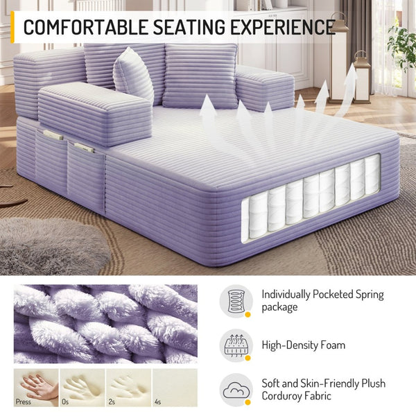 English Elm Luxurious Corduroy Frameless Chaise Sofa Bed with Spring Cushion and Storage Pocket Purple W3219P496264