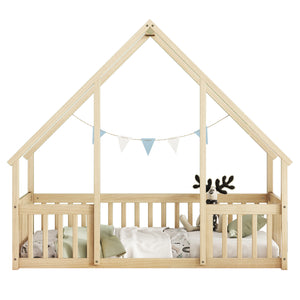 English Elm Twin Wood House-Shaped Floor Bed with Fence and Guardrails – Playful Pine Frame for Imaginative Kids Retreat Natural W504P143291