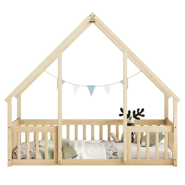 English Elm Twin Wood House-Shaped Floor Bed with Fence and Guardrails – Playful Pine Frame for Imaginative Kids Retreat Natural W504P143291