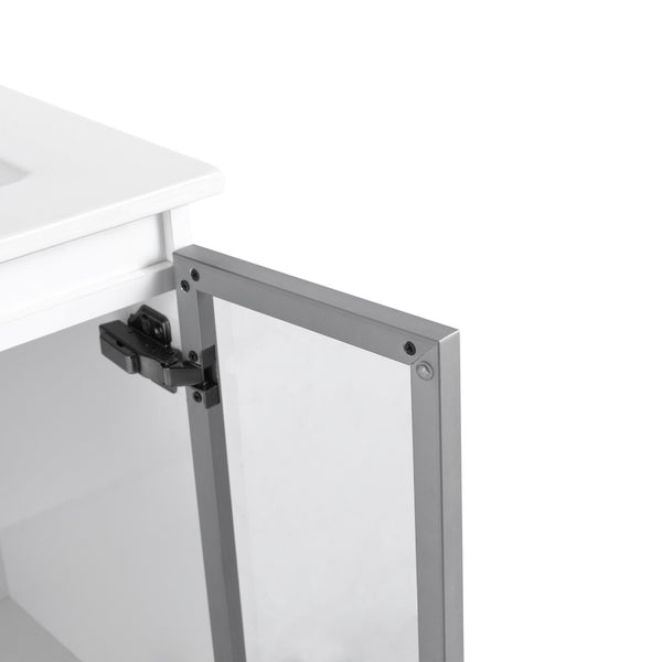 English Elm 24" Floating Bathroom Vanity Glossy White Plywood Cabinet with Grey Glass Doors W999P387157