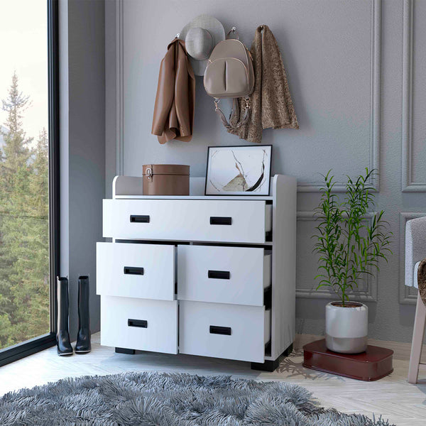 English Elm Anemone Elegant 5-Drawer Dresser with Double Drawer & Spacious Storage, Durable Particleboard Design White 37 L x 21 W x 6 H B128S00079