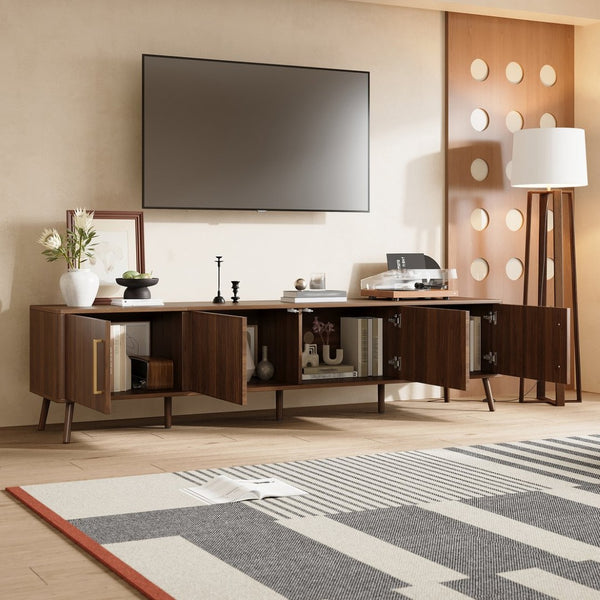 English Elm 78 Inch Walnut Entertainment Center Fluted Doors Solid Wood Legs for Living Room N710P372559P