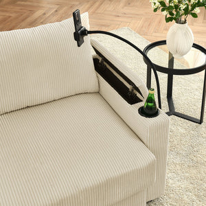 English Elm L-Shaped Modern Sofa With Ottoman, Storage, Cup & Phone Holders - Beige Corduroy Comfort For Living Rooms W1117S00209