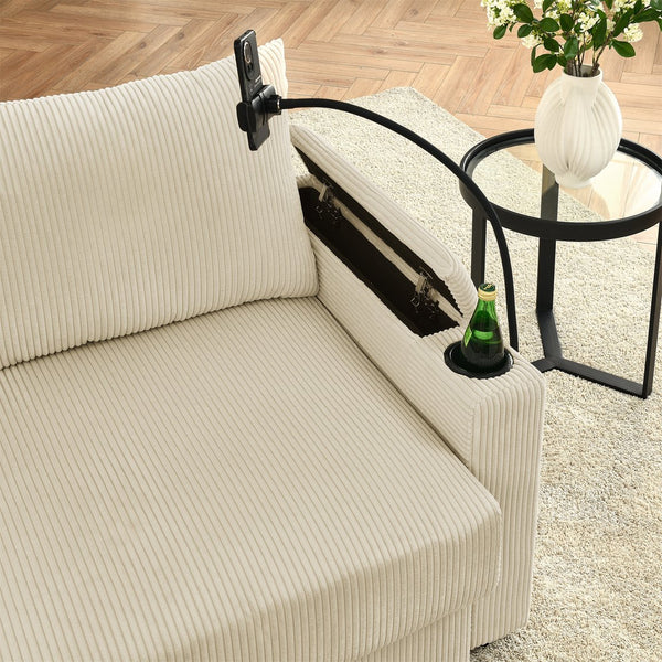 English Elm L-Shaped Modern Sofa With Ottoman, Storage, Cup & Phone Holders - Beige Corduroy Comfort For Living Rooms W1117S00209