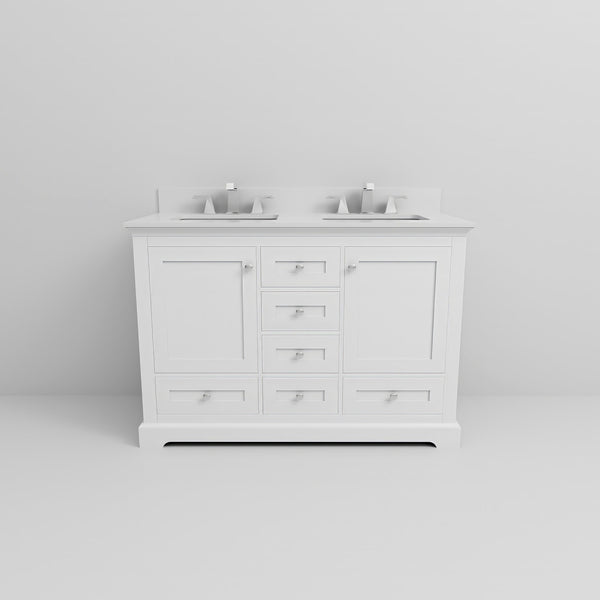 English Elm White Double Bath Vanity 48 in with White Quartz Top, Soft-Close Drawers, Chrome Faucet, Ample Storage B2731P258325