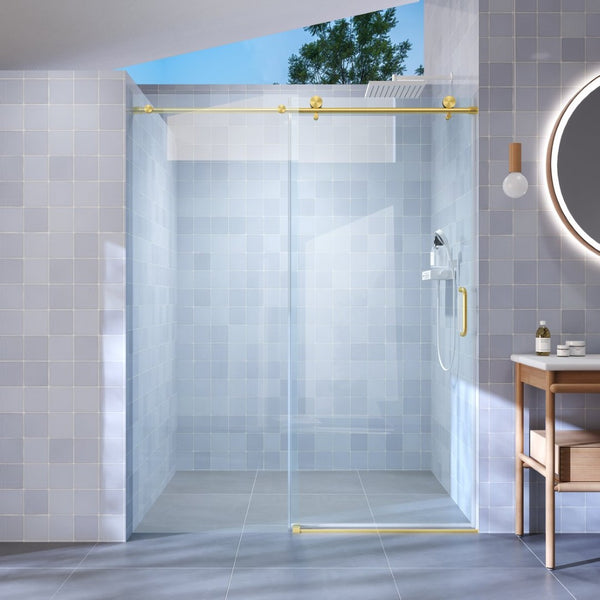English Elm 56" Frameless Sliding Shower Door Tempered Glass Walk-in Enclosure Brushed Gold W1920P400620