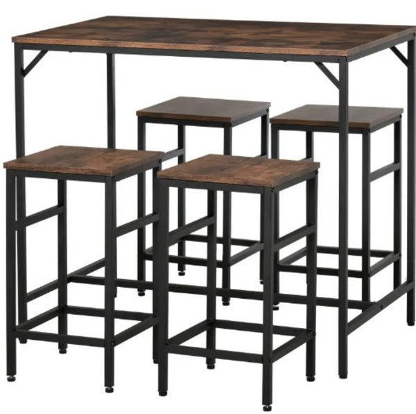 English Elm 5-piece Industrial Bar Set with Rustic Tabletop and Steel Frame for Space Saving Kitchens T3971P429595