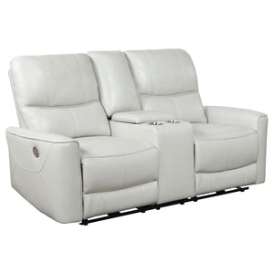 English Elm Denson Dove Grey Power Reclining Loveseat with Console, Cup Holders & Easy-Care Leatherette Comfort B062P353261