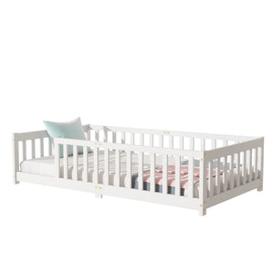 English Elm Twin Size Floor Bed With Safety Guardrails - Durable Rubberwood, Minimalist White Design For Kids W504P286396-GIGA