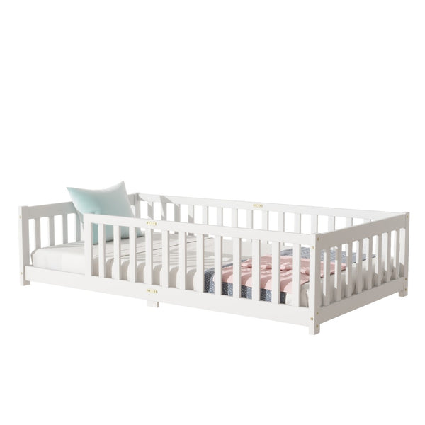 English Elm Twin Size Floor Bed With Safety Guardrails - Durable Rubberwood, Minimalist White Design For Kids W504P286396-GIGA