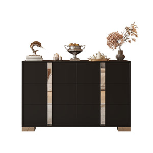 English Elm Elegant Mirrored Dresser with Metal Feet and 6 Spacious Drawers for Organized, Modern Living Spaces Black 54.25 L x 20.75 W x 8.5 H N733P307943B