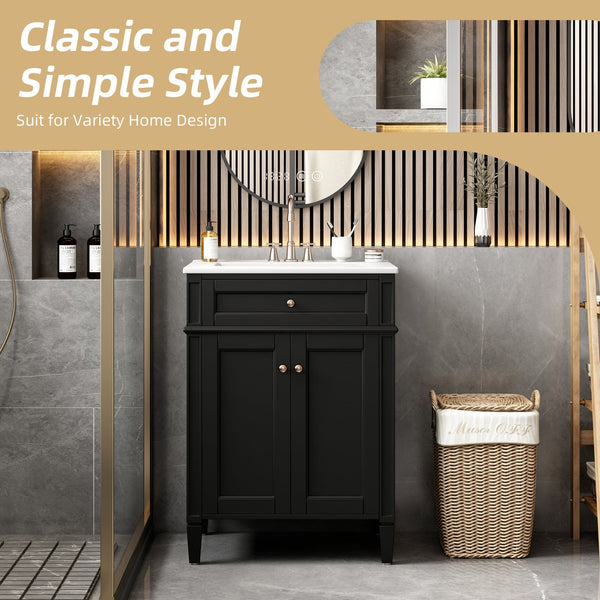 English Elm 24" Bathroom Vanity with Ceramic Basin, French-Inspired Accent Carvings, Soft-Close Doors & Storage Black N710P293309B