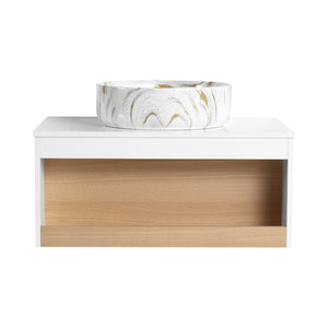 English Elm 30" Floating Wall Mount Bathroom Vanity Open Shelf Ceramic Vessel Sink Modern White Gold+White,White + Light Oak W3450S00058