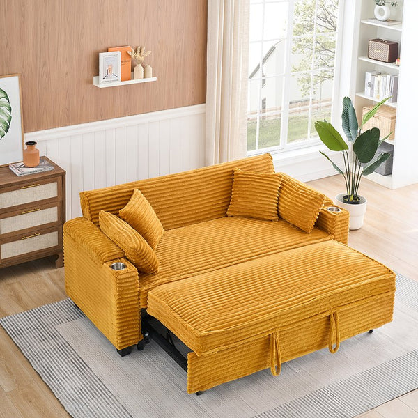 English Elm 80 80-inch Orange Corduroy Expandable Sofa Bed with Cup Holders, 3-Seater Convertible for Apt Living W1658P272544
