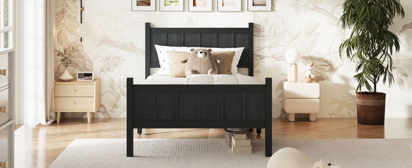 English Elm Twin Platform Bed Vertical Slat Headboard Farmhouse Shaker Wood Grain Finish Bedroom Black N733P422478E