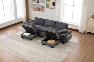 English Elm Sectional Cloud Sofa Modular Deep Seat Corduroy Upholstered Living Room Couch with Storage Dark Gray W395S00133