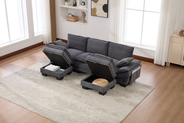 English Elm Sectional Cloud Sofa Modular Deep Seat Corduroy Upholstered Living Room Couch with Storage Dark Gray W395S00133
