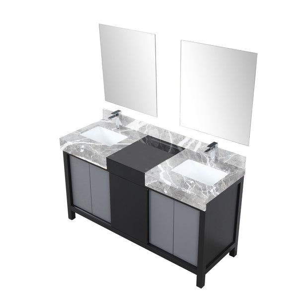English Elm Black Double Bath Vanity 60" With Castle Grey Marble Top, Chrome Faucets & 28" Mirrors For Modern Spaces B2731S01156