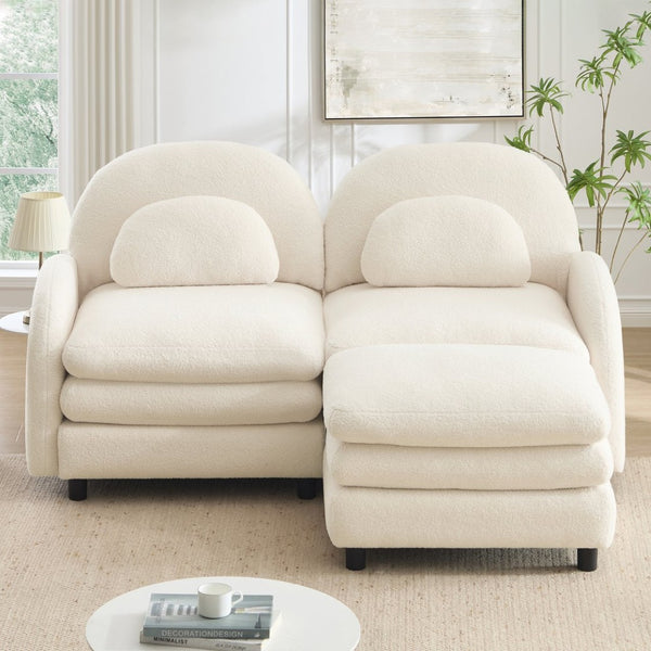 English Elm Teddy Fleece Modular Loveseat with Ottoman Curved Sculptural Sofa for Living Room Beige White W5656S00075