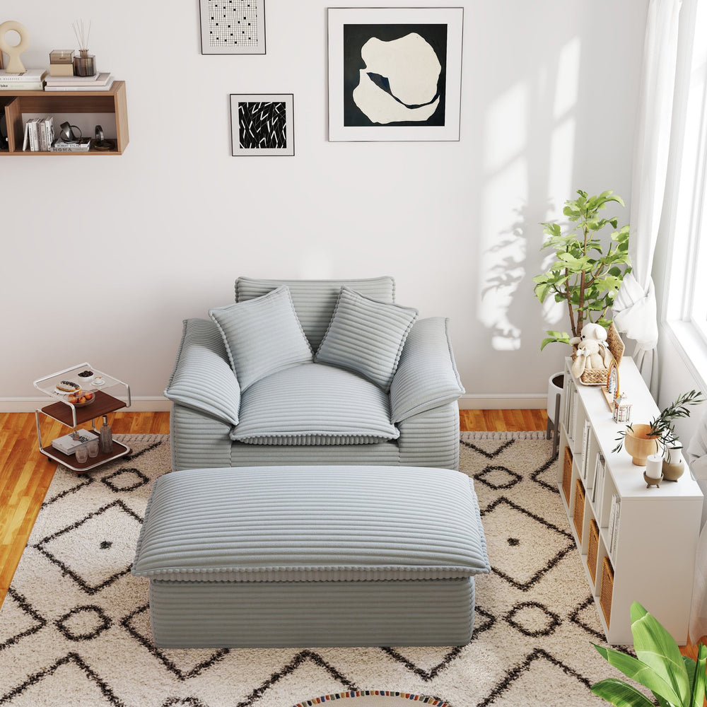 English Elm 47.25" Oversized Chaise Lounge with Ottoman Antique Grey White Corduroy, Plush Pillows, No Assembly T3936P390323