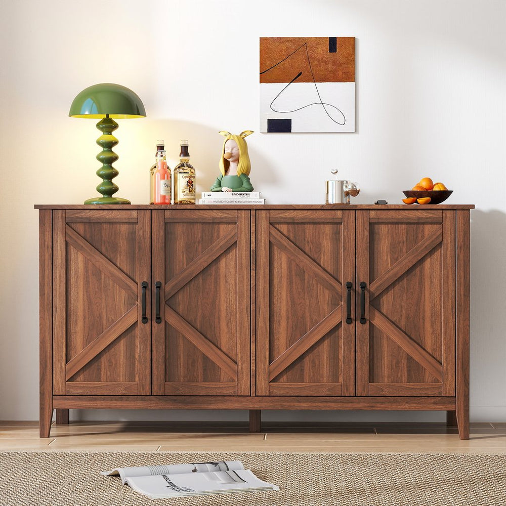English Elm Cabinet 4-Door Sideboard with 4 Open Shelves, 59" Storage Console Durable Melamine Finish for Home W331P266133