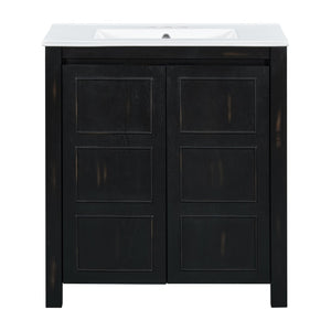 English Elm 30" Rustic Bathroom Vanity Espresso with Ceramic Sink, Soft-Close Doors, Adjustable Shelves, Open-Back Plumbing-Friendly Storage N729P290712P
