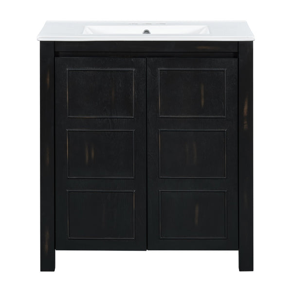 English Elm 30" Rustic Bathroom Vanity Espresso with Ceramic Sink, Soft-Close Doors, Adjustable Shelves, Open-Back Plumbing-Friendly Storage N729P290712P