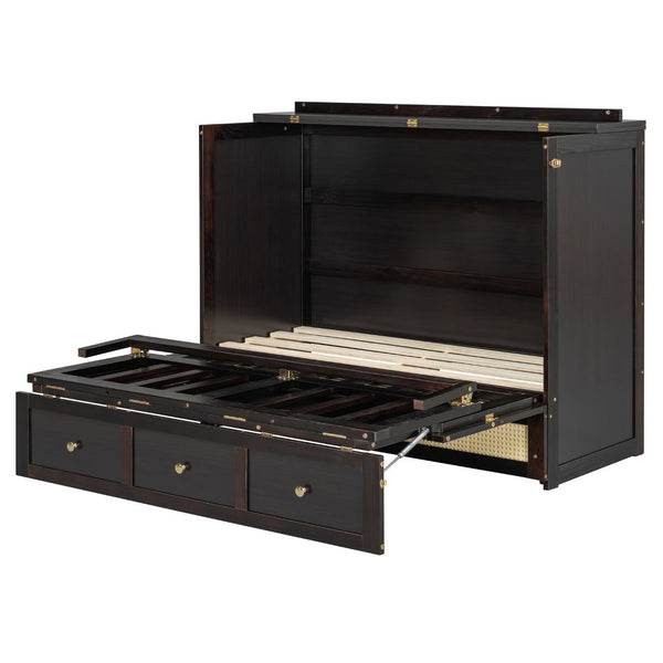 English Elm Full Size Murphy Wall Bed Cabinet with Rattan Panel Detailing and Storage Drawers Espresso N708P336203P