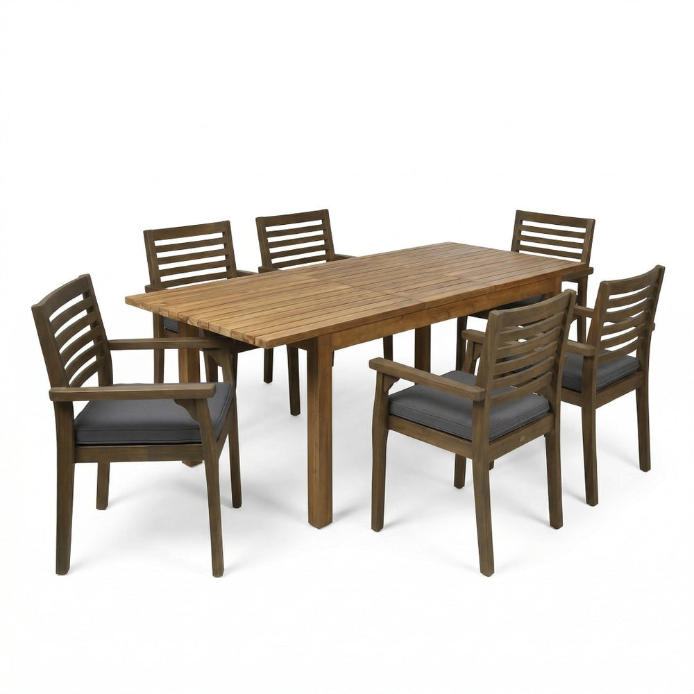 English Elm 7 Piece Acacia Wood Outdoor Dining Set Extendable Table Six Cushioned Chairs N762S000039AAE