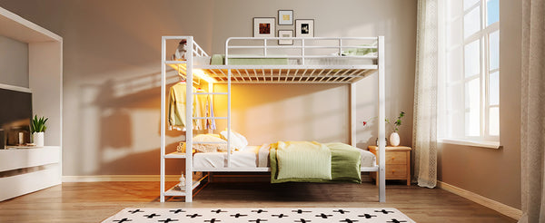 English Elm Full Size Metal Bunk Bed With Led Lights, Storage Shelves & Hooks - Stylish Space-Saver In White N7090000667K