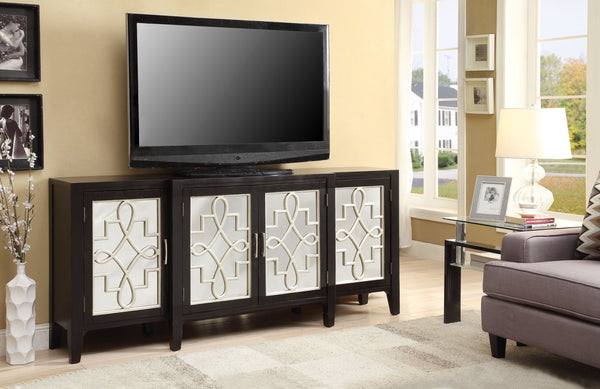 English Elm Kacia Antique Black Console Cabinet with Gold Ornamental Mirror Front, 4-Door Storage, Solid Wood Legs B2726P277145